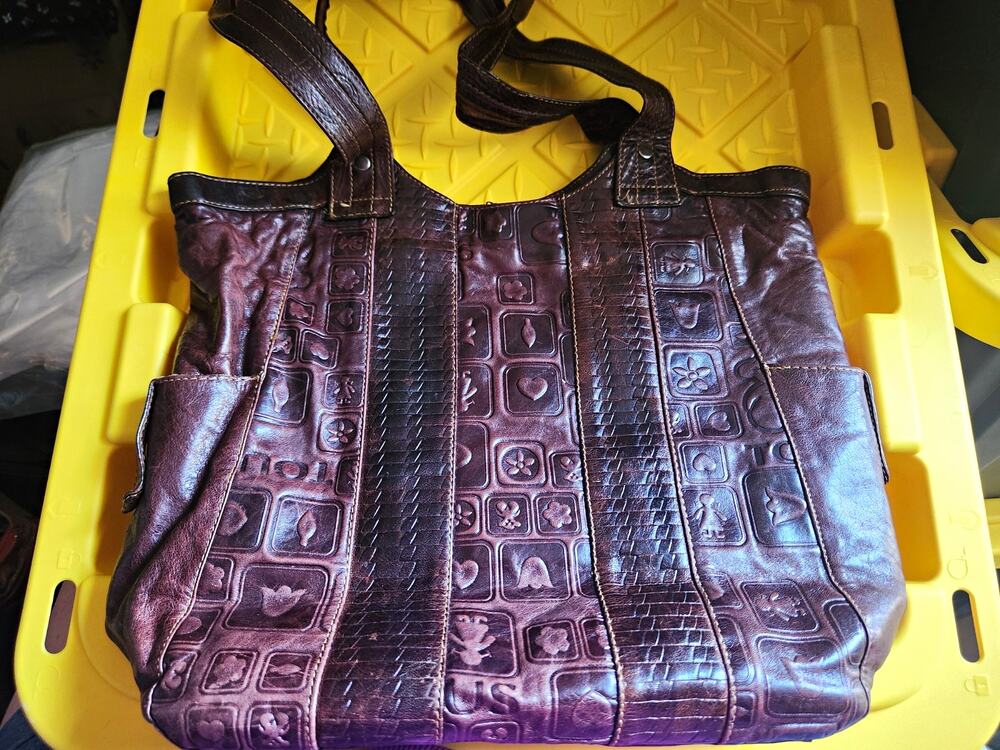 TOUS Burgundy Brown Embossed Teddy Bear Logo Shoulder Bag Tote Purse